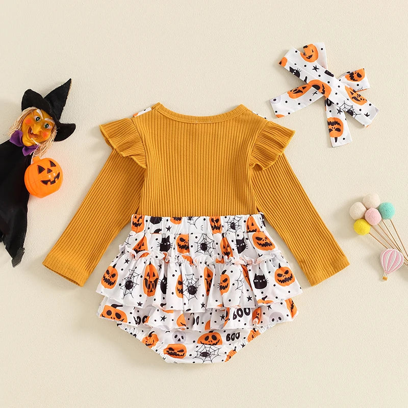 2024-05-23 Lioraitiin Baby Girls Halloween Jumpsuits Pumpkin Print Long Sleeve Romper and Cute Headband Set for Infant Outfits