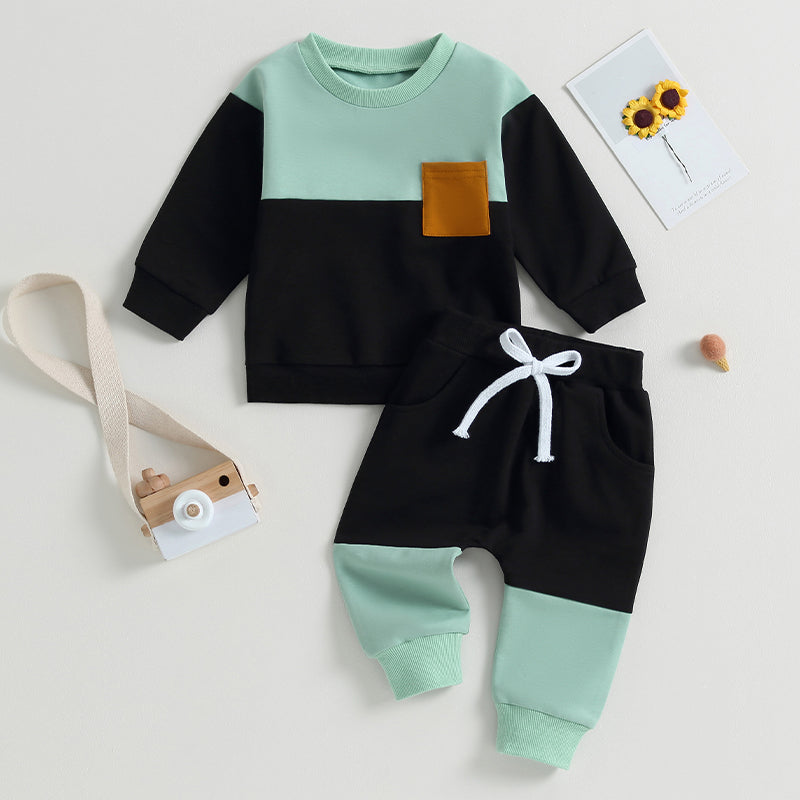2023-05-19 Lioraitiin 0-3Years Baby Boy 2Pcs Autumn Pants Set Contrast Color Long Sleeve Crew Neck Sweatshirt Sweatpants Clothes