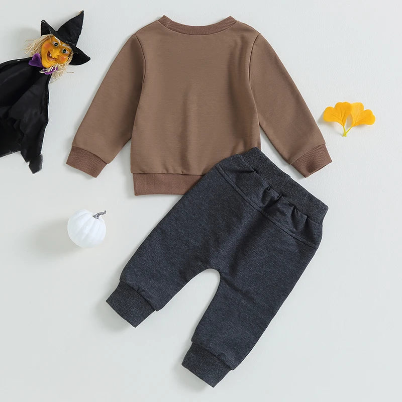 2023-05-25 Lioraitiin 0-3Years Boys 2Pcs Fall Outfits Checkerboard Ghost Print Crew Neck Long Sleeve Sweatshirts Long Pants
