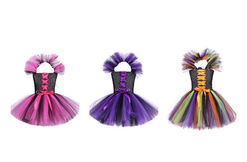 Halloween New Witch Dress Cosplay Costume Dress for Girl Carnival Party Dress Hat Broom Fancy Clothes Suit