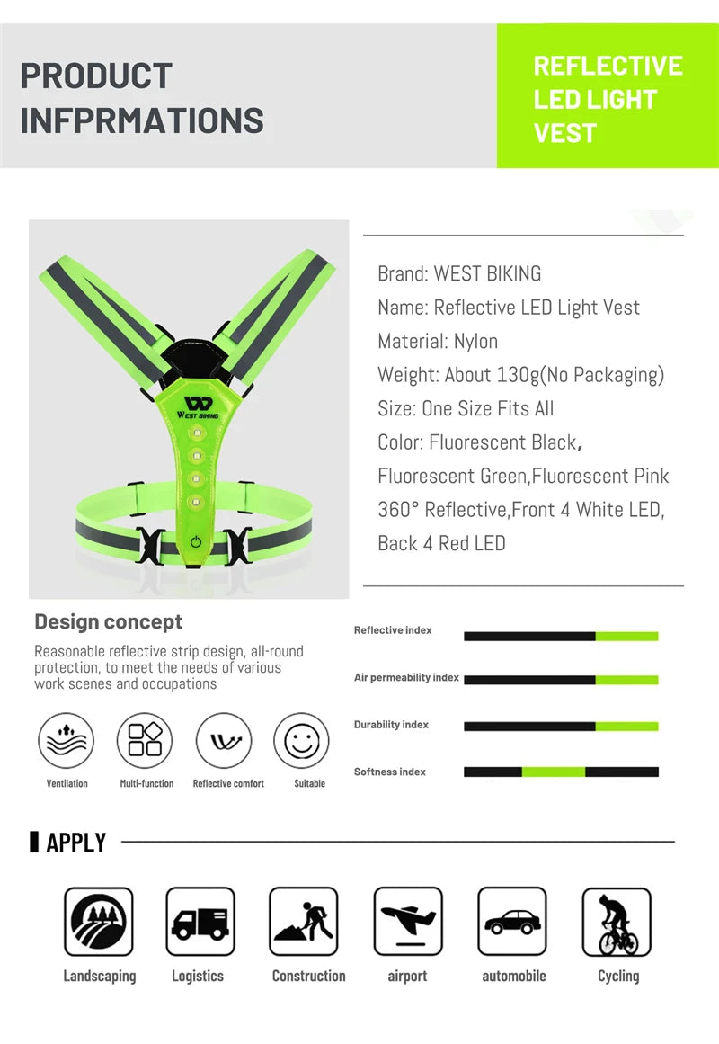 WEST BIKING Cycling Reflective Safety Vest Electric Scooter Flashing Vest USB Rechargeable LED Vest Running Jogging Fishing