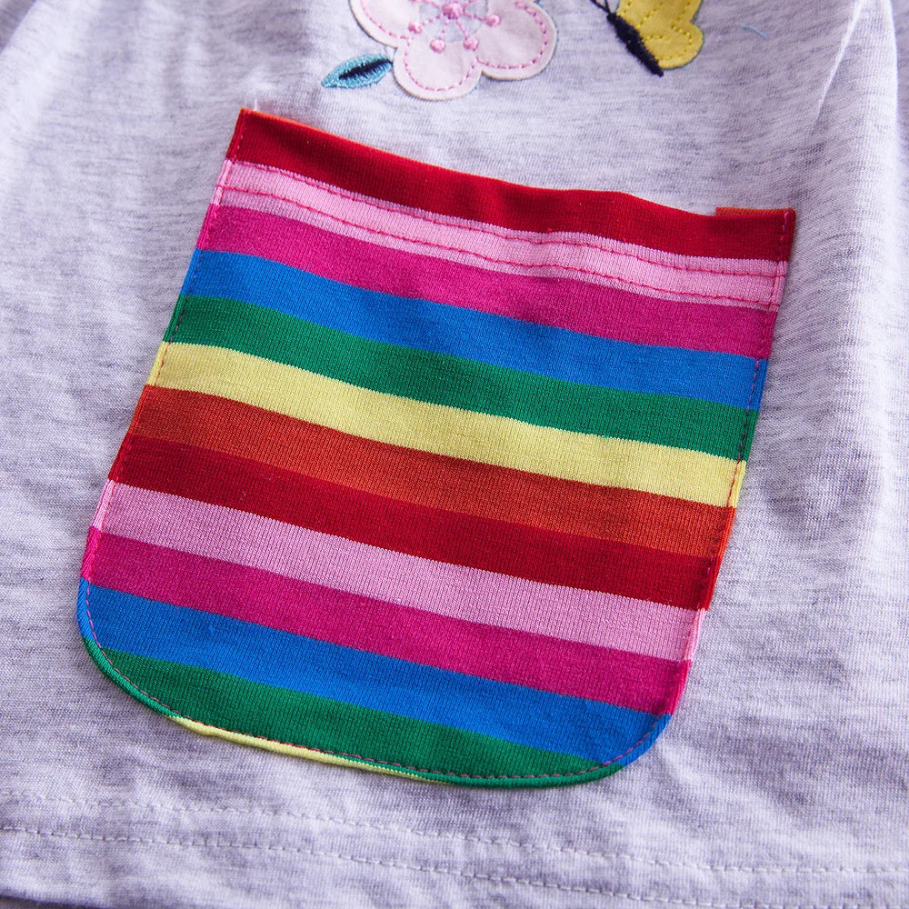 Girls' Long Sleeve Unicorn Dress Autumn Embroidery Two Pockets Rainbow Sleeves 81035