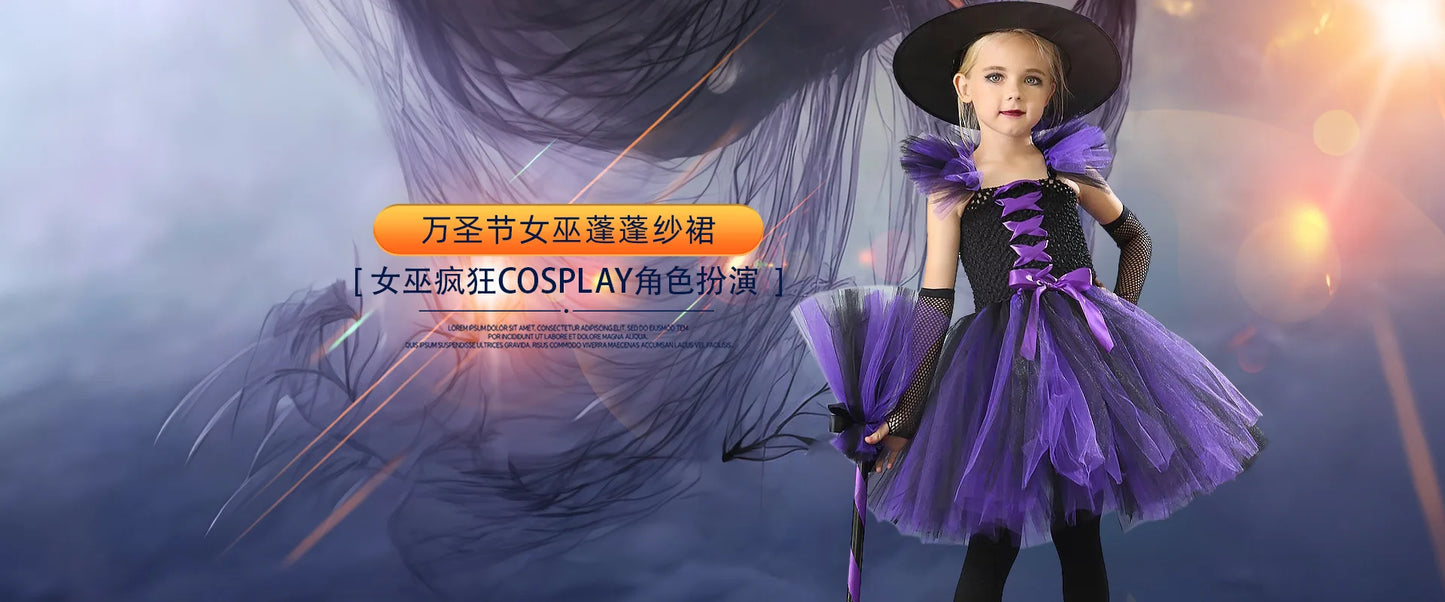 Halloween New Witch Dress Cosplay Costume Dress for Girl Carnival Party Dress Hat Broom Fancy Clothes Suit