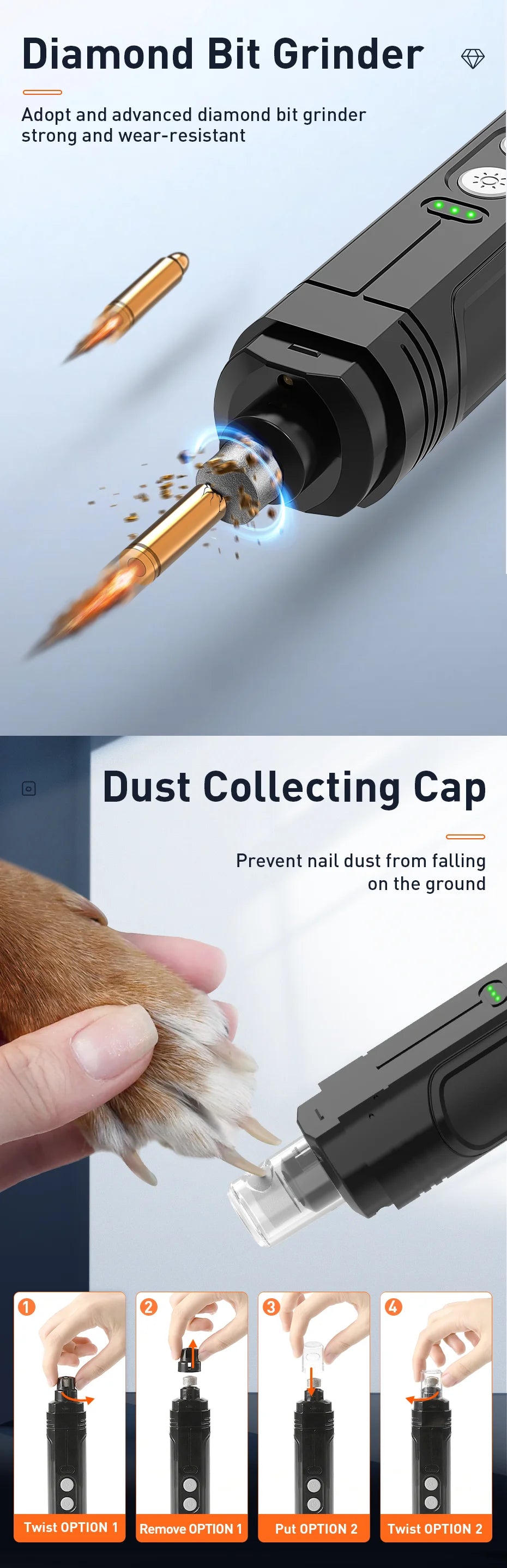 ROJECO P3 Electric Pet Nail Grinder Professional Dog Nail Clippers + 2 LED Light Rechargeable Cat Claw Nail Grooming Accessories