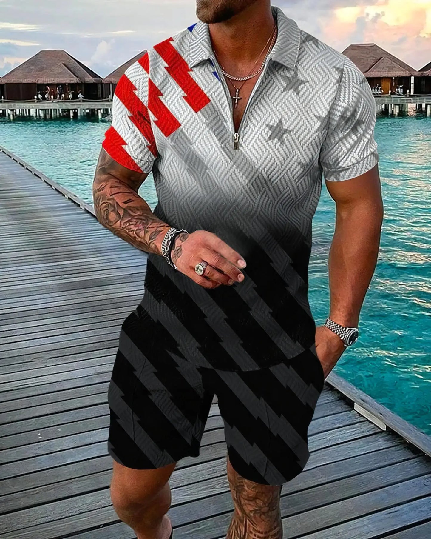 Funny 3D Polka Dot Print Men's Short Sleeve Sets Fashion Zip Polo Shirt Shorts 2 Piece Outfit Summer Street Clothing Casual Suit