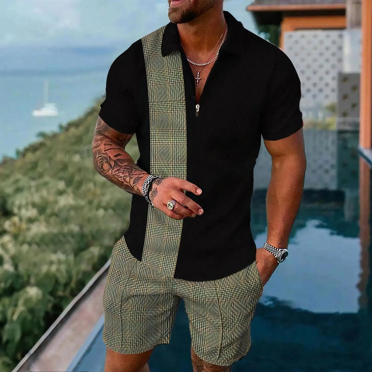 White Plaid Graphic Men's Polo Shirt Sets Casual Zipper Shirts+Shorts Sportswear Golf Stand Collar Tops Suits Male Clothing