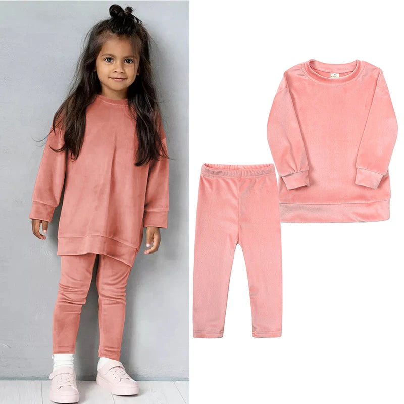 2024 Spring Kids Girl Velvet Suit Long Sleeve Pants Solid Clothes For Infant Toddler Boy Pullover Sweatshirt Set Teenage Outfits