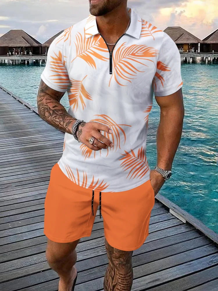Fashion Zip Polo Shirts Men's Set Hawaiian Beach Vacation Short Sleeve Polo Shirt Shorts 2 Piece Outfit Street Casual Loose Suit