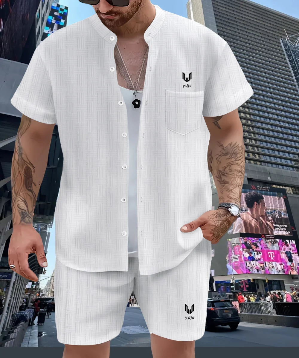 Spring/summer solid color Henry collar pocket suit for men. Shirt casual short sleeve shorts beach loose fashion suit