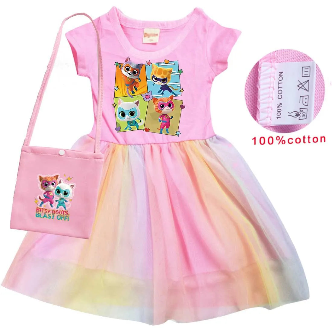 children SuperKitties Costume kids Cosplay Super Kitties clothes for Girls Flying Sleeves A-Line Dress with Bag and Headband