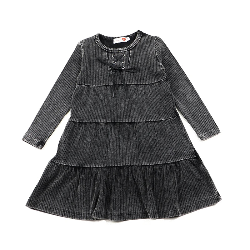 2024 ribbed black washed sets with string winter clothes dress for girls childhood shirts and baby pants black tired dresses