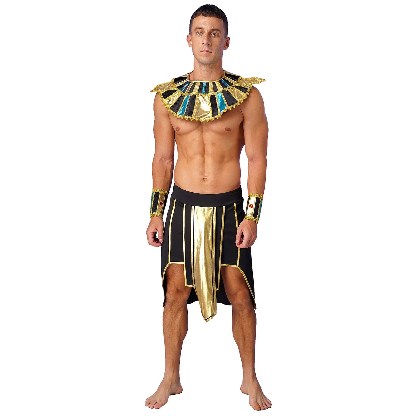 Mens Ancient Egyptian Pharaoh King Cosplay Costume Halloween Fancy Dress Skirt with Cuffs Collar Outfit for Theme Party/Stage