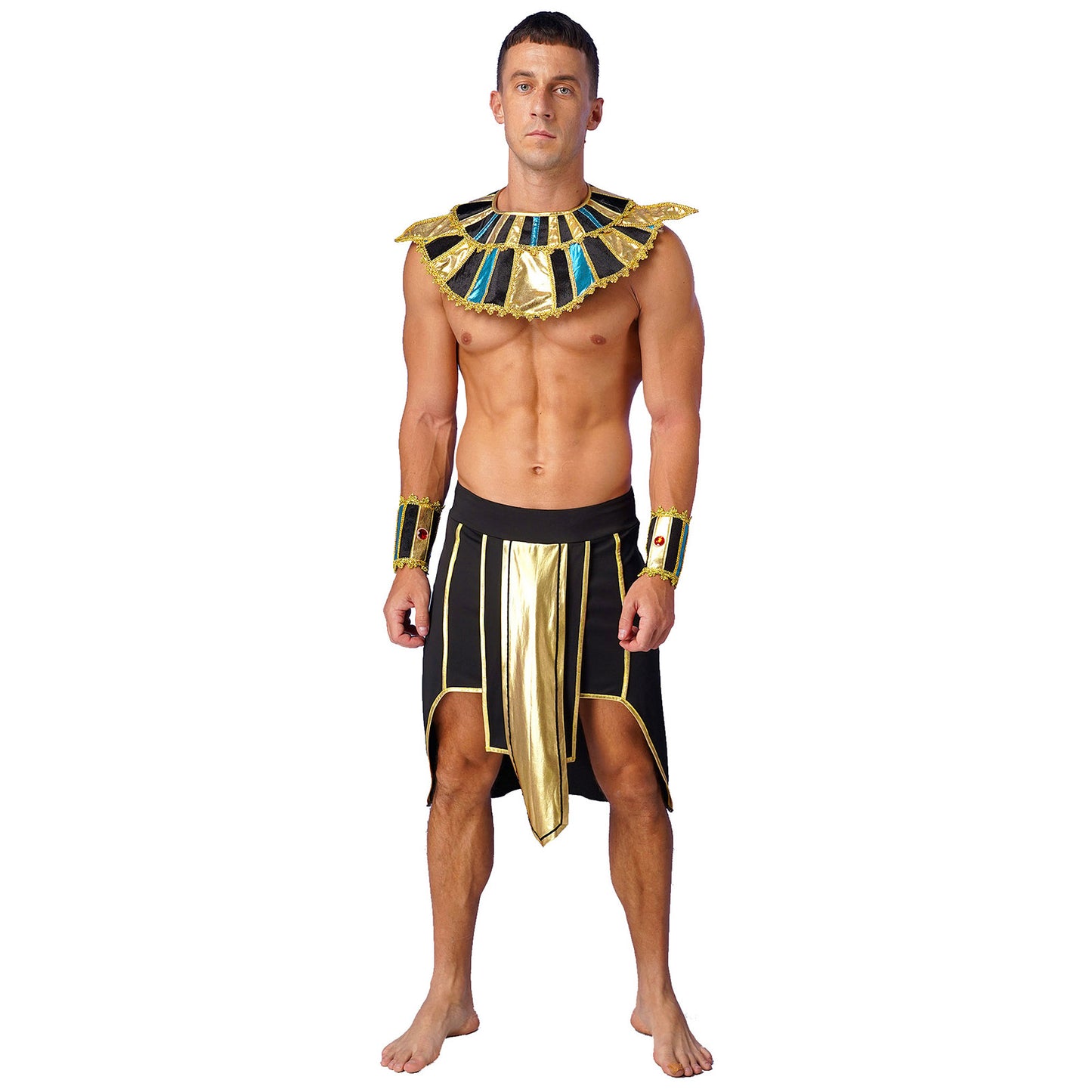 Mens Ancient Egyptian Pharaoh King Cosplay Costume Halloween Fancy Dress Skirt with Cuffs Collar Outfit for Theme Party/Stage