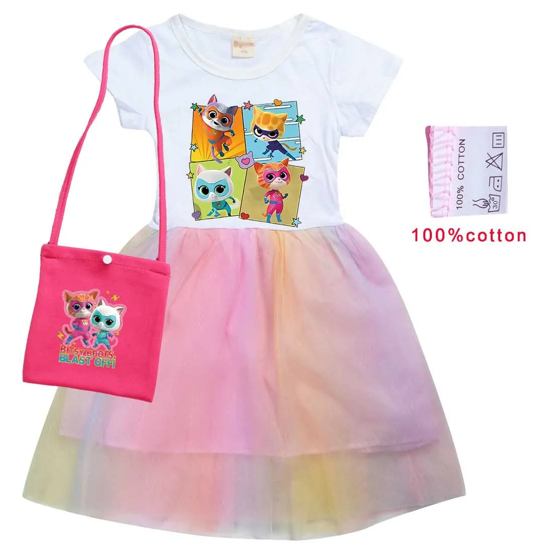 children SuperKitties Costume kids Cosplay Super Kitties clothes for Girls Flying Sleeves A-Line Dress with Bag and Headband