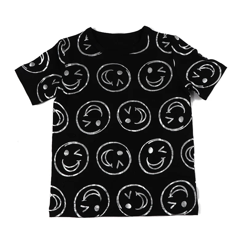 AA-kids boy summer spring fashion clothes 2pcs set cotton long sleeve and short sleeve 2pcs clothes set smile print black set