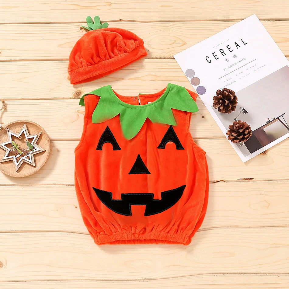 Baby Costume Kids Pumpkin Romper with Hat Boys Girls Cosplay One-Piece Infant Summer Casual Onesie Halloween Jumpsuit 0-5 Years