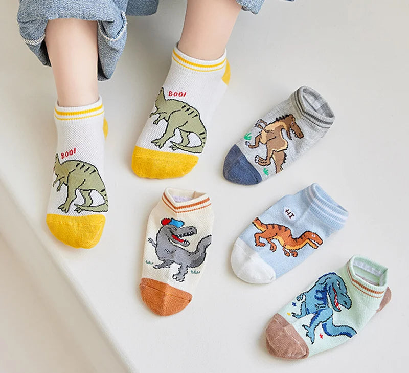 5 Pairs Kids Socks for Children Boys Girls Cartoon Dinosaur Summer Low Cut Slipper Hosiery Ankle Footed Casual Sock 1-12 Years