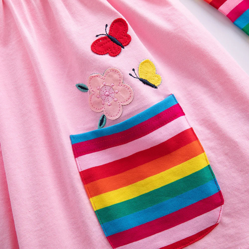 Girls' Long Sleeve Unicorn Dress Autumn Embroidery Two Pockets Rainbow Sleeves 81035