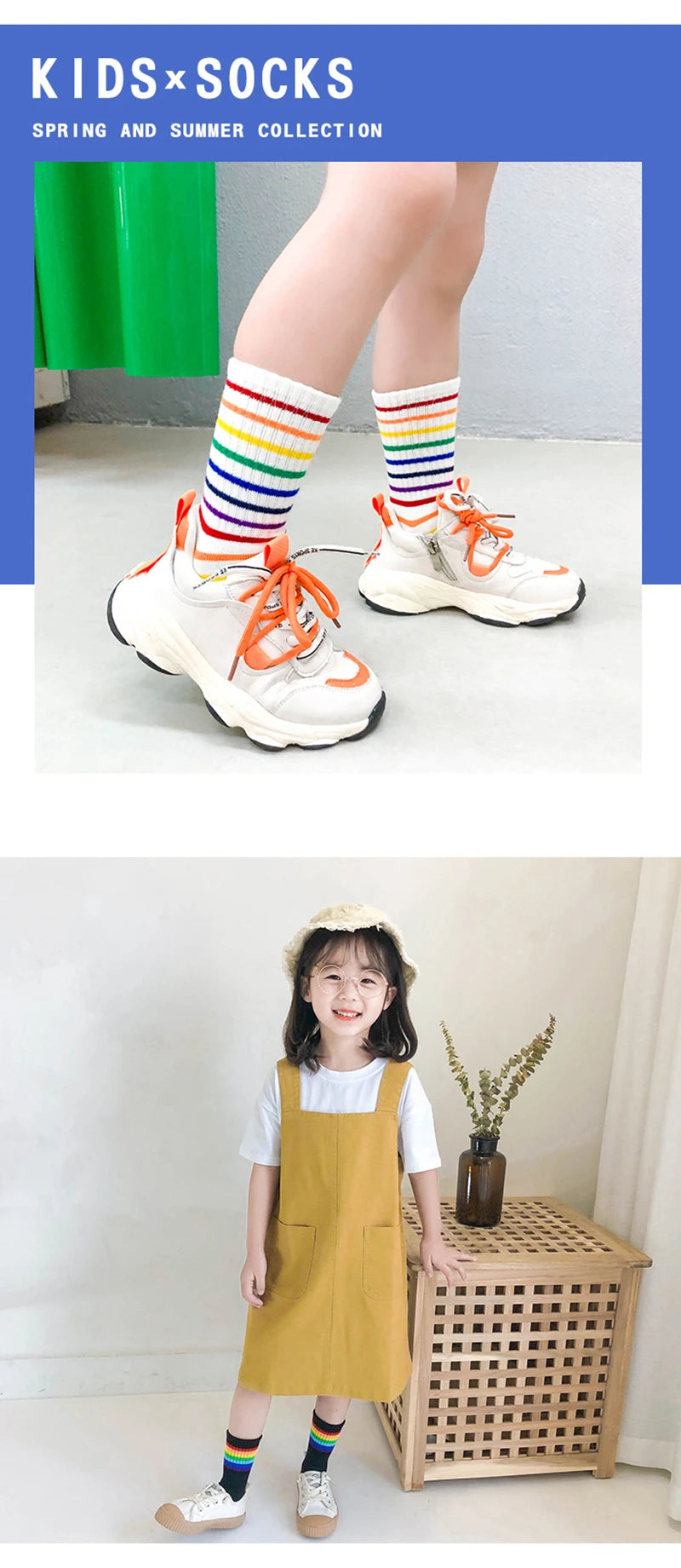 Fashion Rainbow Socks for Kids Spring Summer Colourful Stripe Breathable Cotton Girls Boys Tube Socks School Long Socks 1-8 Year