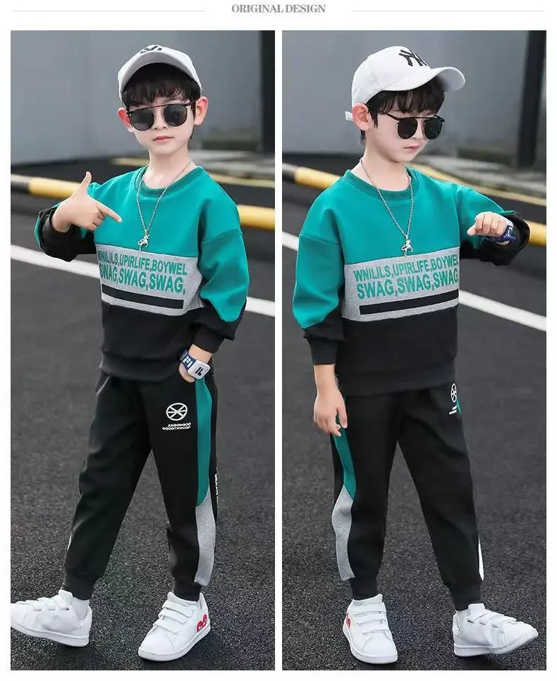 2024 autumn winter Boys Tracksuit velvet Children patchwork letters Cotton T-Shirt + Pants Suit Clothes children Set 12 14 Y