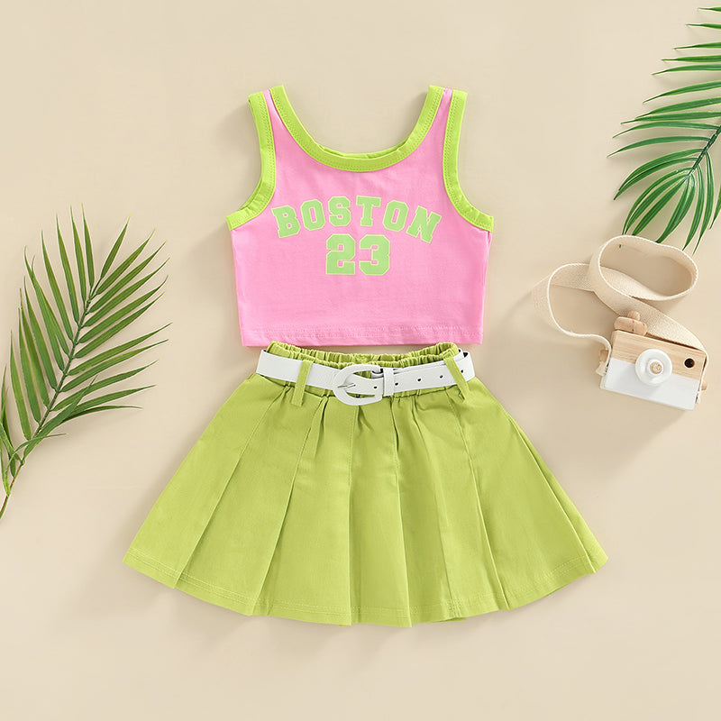 FOCUSNORM 1-6Y Fashion Little Girls Kids Clothes Sets 2pcs Letter Patchwork Sleeveless Causal Vest+Solid Pleated Skirts+Belt