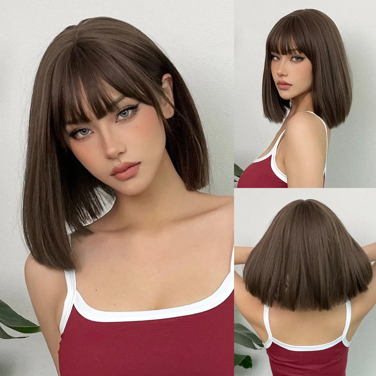 Short Straight Bob Wigs with Bangs Black Brwon Highlight Wig Daily Cosplay Natural Synthetic Hair Wigs for Women Heat Resistant