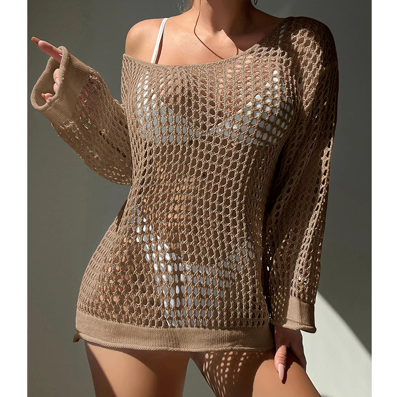 Knitting Loose Swimsuit Cover-Ups Sexy Hollow Out Round Collar Top Women Summer Beach Holiday Fashion Sunscreen Smock Top