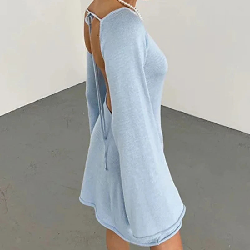 New sexy Backless Round Collar Cover-Ups Solid Color Knit Beachwear Stylish Horn Sleeve Beach suit Female Holiday wrap Dress