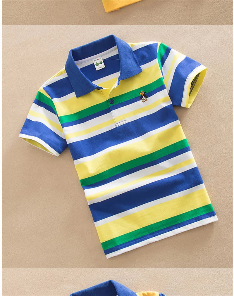 T-shirt For Boys Summer Children Short Sleeve Stripe Tees Cartoon Bear Embroidery Tops Teens Breathable Polo Shirt Kids Clothing