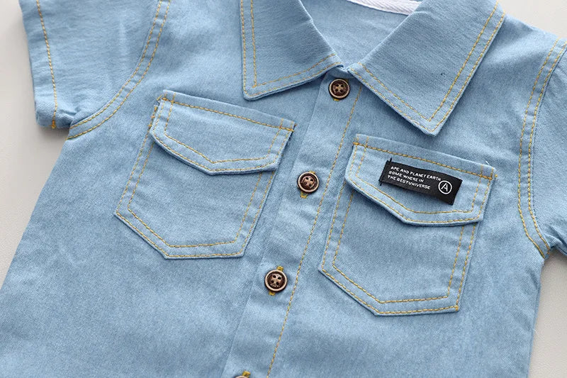Summer new shirt 2024 boys lapel short-sleeved suit kidsren's clothing kidsren's workwear casual pants shirt two-piece set