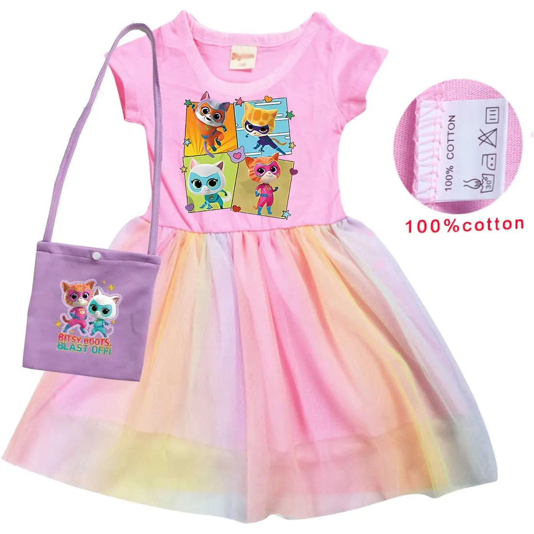 children SuperKitties Costume kids Cosplay Super Kitties clothes for Girls Flying Sleeves A-Line Dress with Bag and Headband