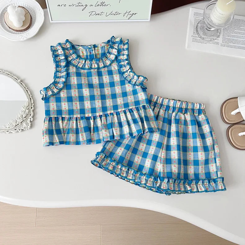 Children's Clothing Sets Blue Plaid Floral Print Sleeveless Top + Wide Leg Pants + Shorts 3 Pcs Sets Kids Clothes for Girls