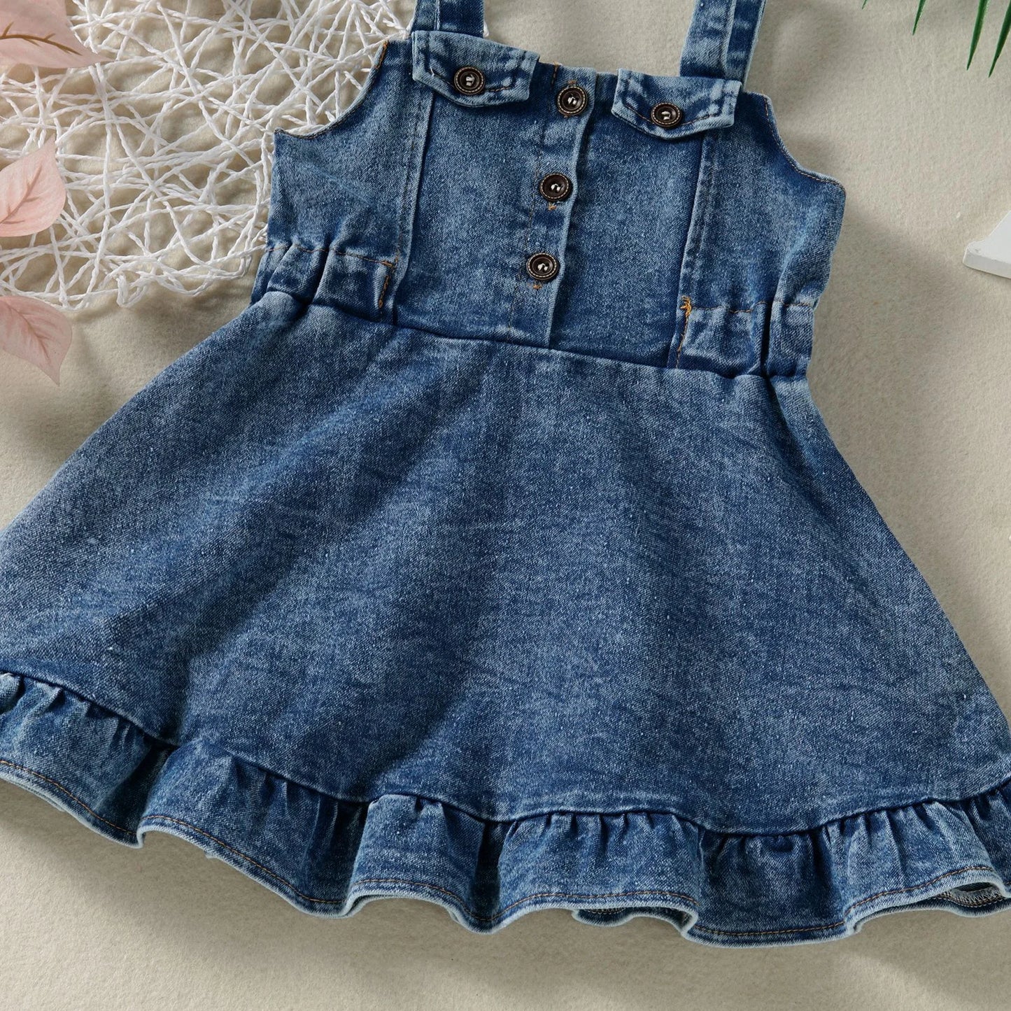 FOCUSNORM 0-4Y Summer Lovely Kids Girls Denim Dress Ruffles Sleeveless Strap Button A-Line Sundress Holiday Clothing