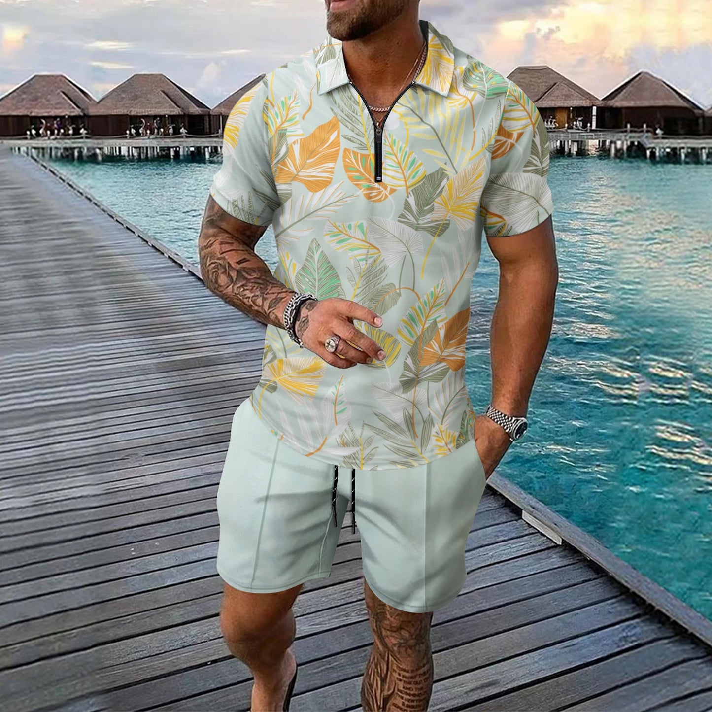 Fashion Zip Polo Shirts Men's Set Hawaiian Beach Vacation Short Sleeve Polo Shirt Shorts 2 Piece Outfit Street Casual Loose Suit