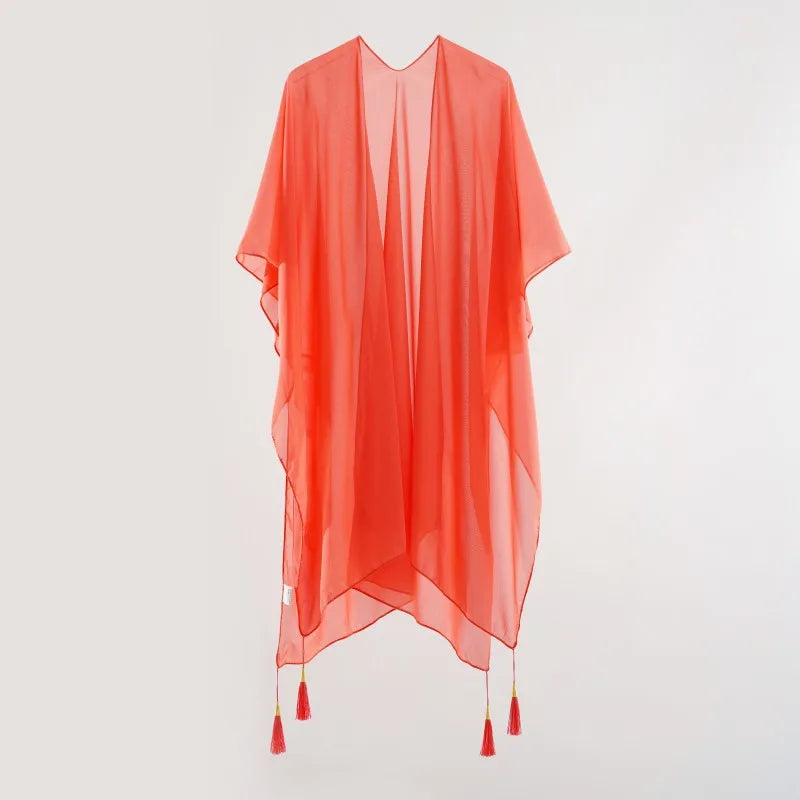 Simple Pure Color Chiffon Beach Bikini Cover Ups Swimwear Women Summer Sun Protection Cardigan Leisure Travel Cape Long