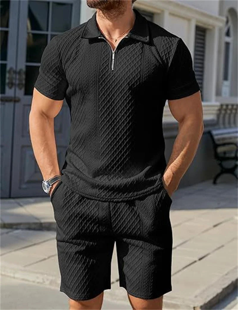 2025 New Men Suit Fashion Men's Summer Jacquard Half Zip Short Sleeve Polo Shirt+Shorts 2 PCS Sets Men Casual Sports Suit