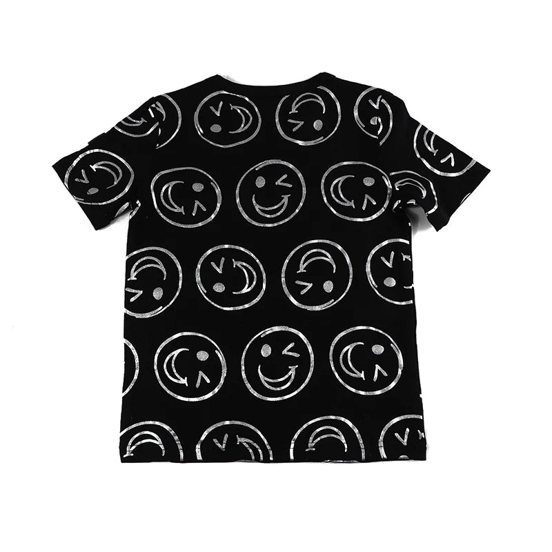 AA-kids boy summer spring fashion clothes 2pcs set cotton long sleeve and short sleeve 2pcs clothes set smile print black set