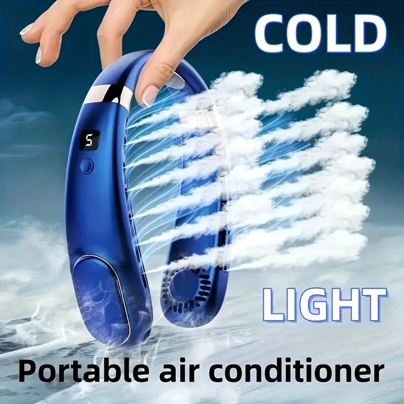 2024 New portable neck fan with digital display, 5-speed adjustment, silent operation, neck ice porcelain body sensation, long b