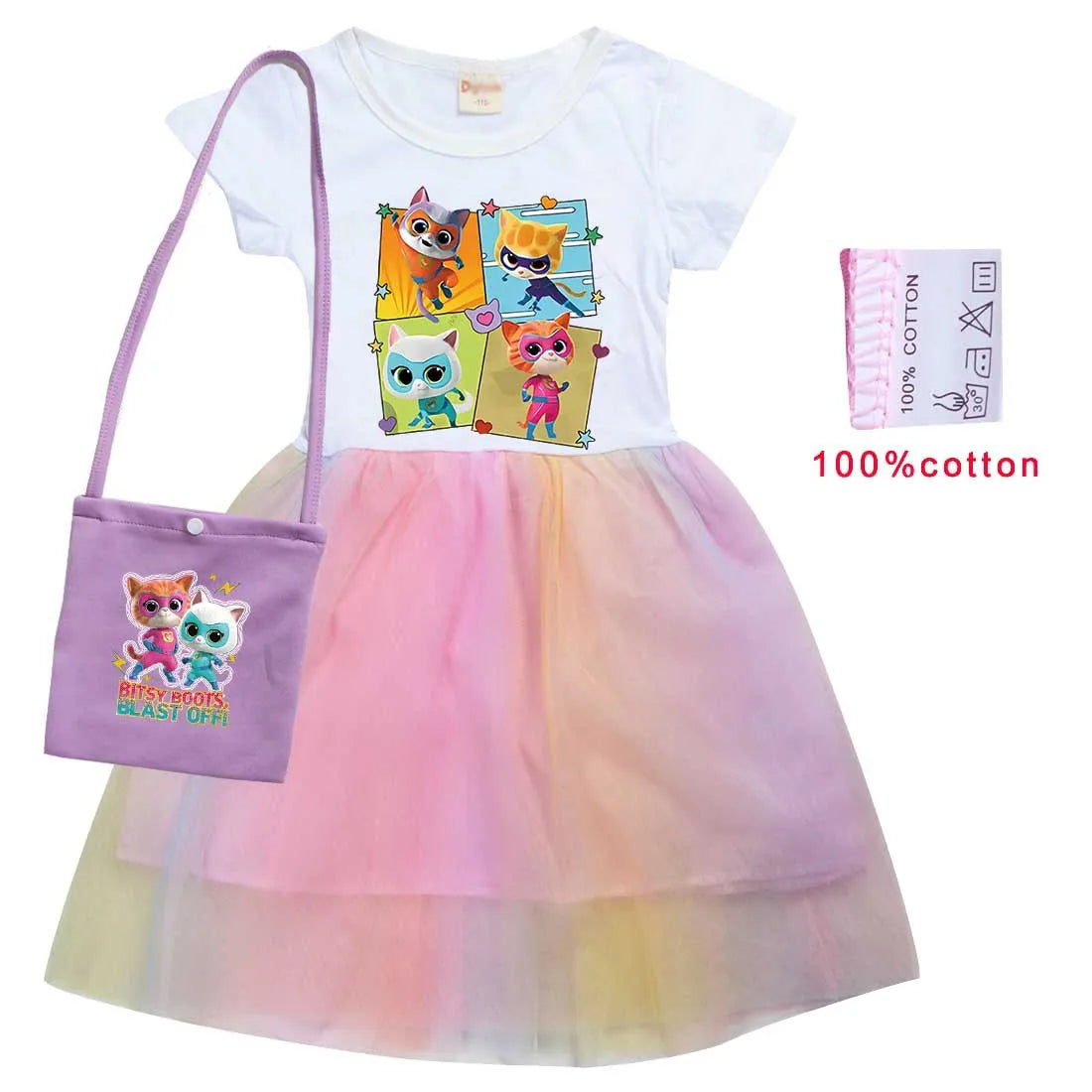 children SuperKitties Costume kids Cosplay Super Kitties clothes for Girls Flying Sleeves A-Line Dress with Bag and Headband