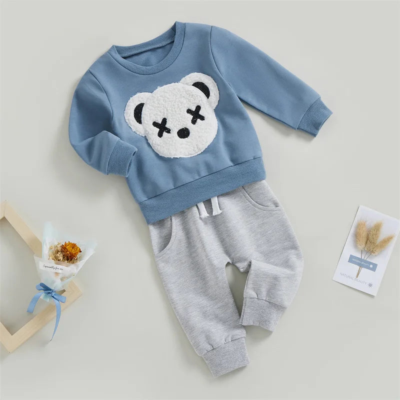 1-5 Years Kid Boys Girls 2Pcs Tracksuit Suits Fall Baby Plush Cartoon Bear Long Sleeves Sweatshirt Top + Elastic Waist Pants