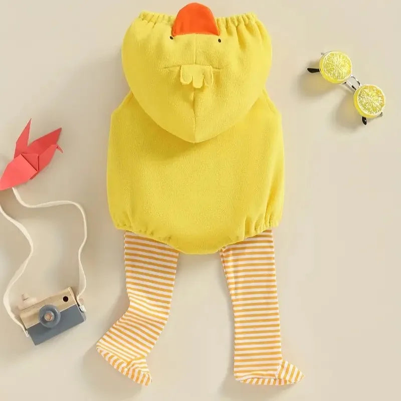 Umorden 0-18M Unisex Baby Yellow Little Chick Costume Hoodie Bodysuit Romper Stocking 2pcs/set Sleeveless Halloween Purim