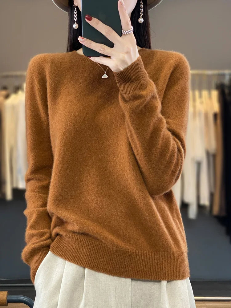 100% Merino Wool Sweater Women O-neck Cashmere Knitwear Female Pullover Autumn Winter Casual Tops Solid Color Soft Clothing