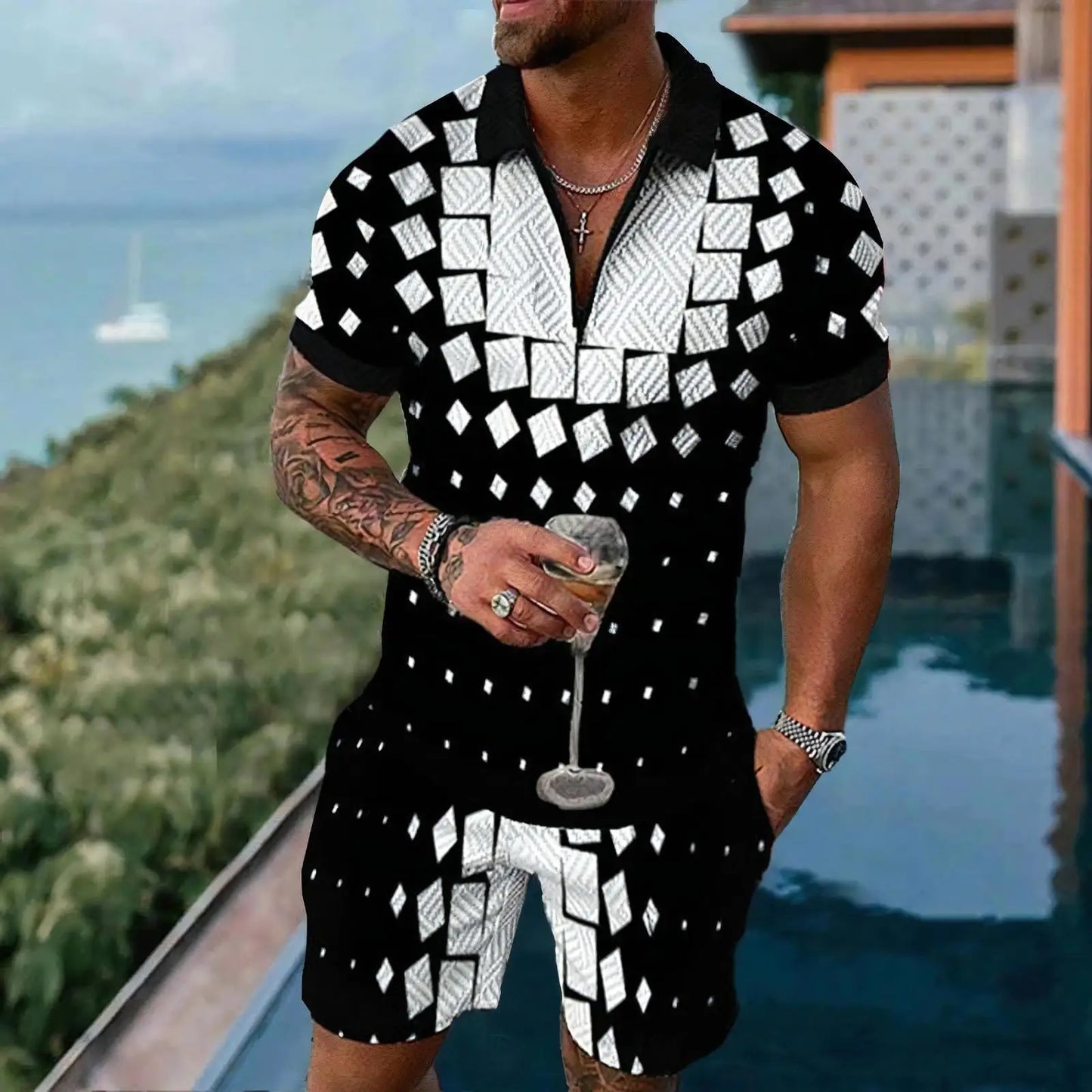 White Plaid Graphic Men's Polo Shirt Sets Casual Zipper Shirts+Shorts Sportswear Golf Stand Collar Tops Suits Male Clothing