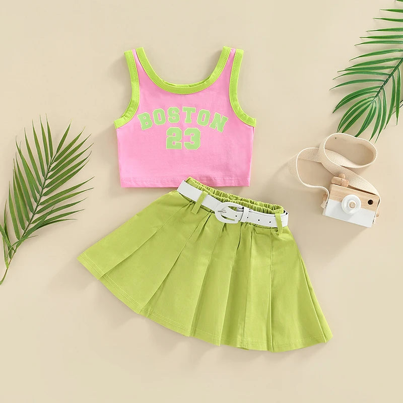 FOCUSNORM 1-6Y Fashion Little Girls Kids Clothes Sets 2pcs Letter Patchwork Sleeveless Causal Vest+Solid Pleated Skirts+Belt