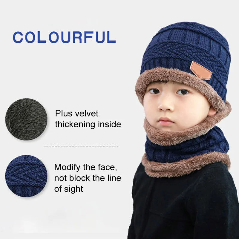 1Pcs Hat Scarf Set Kids Bean Knitted Scarf Cap Children Autumn Winter Fleece Warm Knitted Scarf Hat for Boys Girls