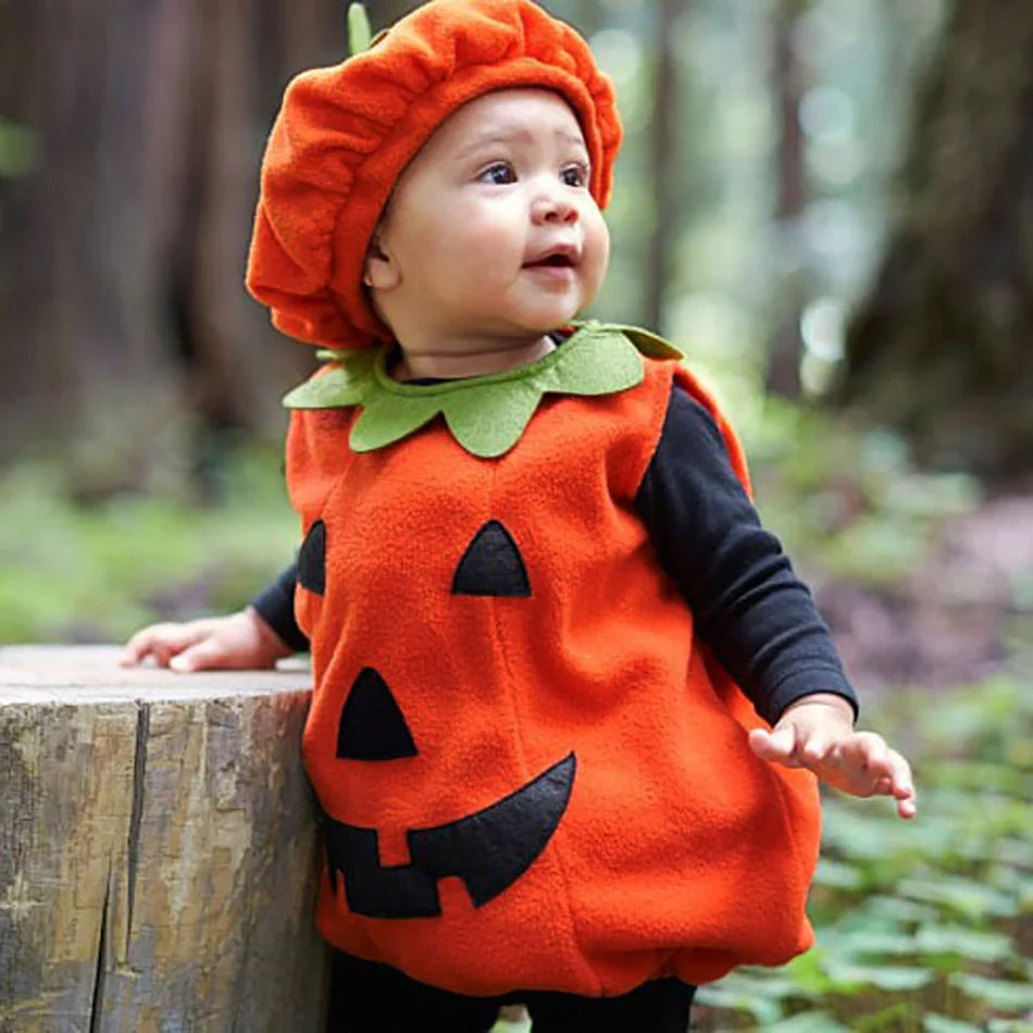 Baby Costume Kids Pumpkin Romper with Hat Boys Girls Cosplay One-Piece Infant Summer Casual Onesie Halloween Jumpsuit 0-5 Years