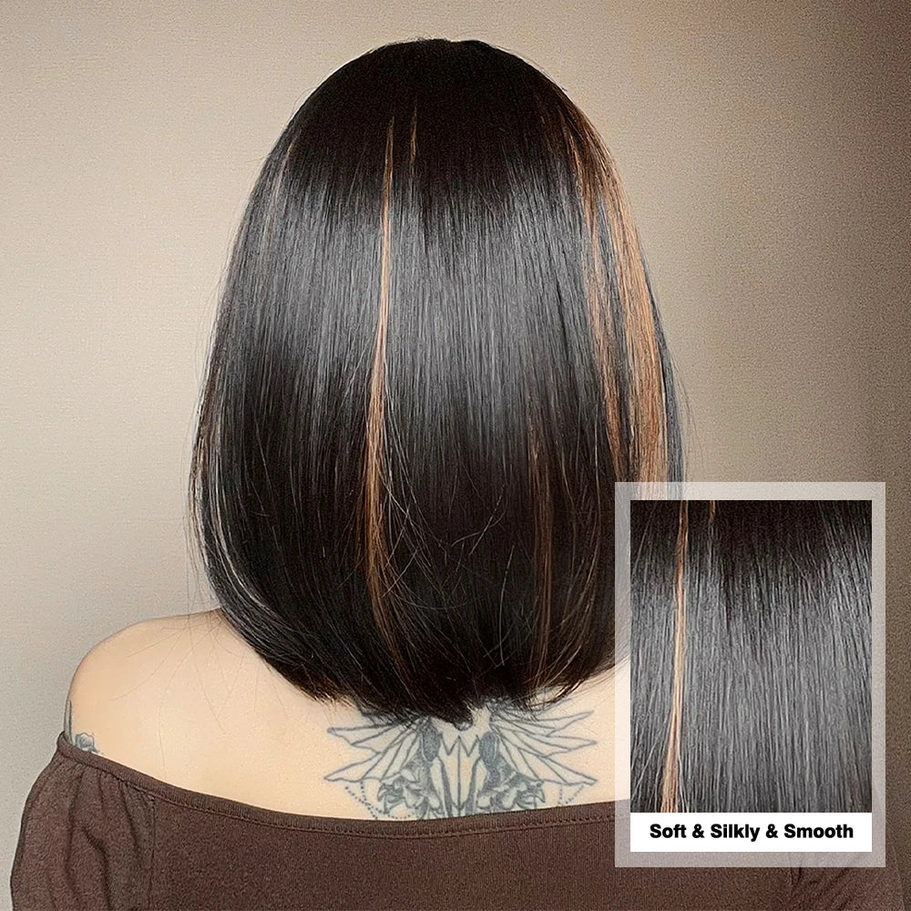 Short Straight Bob Wigs with Bangs Black Brwon Highlight Wig Daily Cosplay Natural Synthetic Hair Wigs for Women Heat Resistant