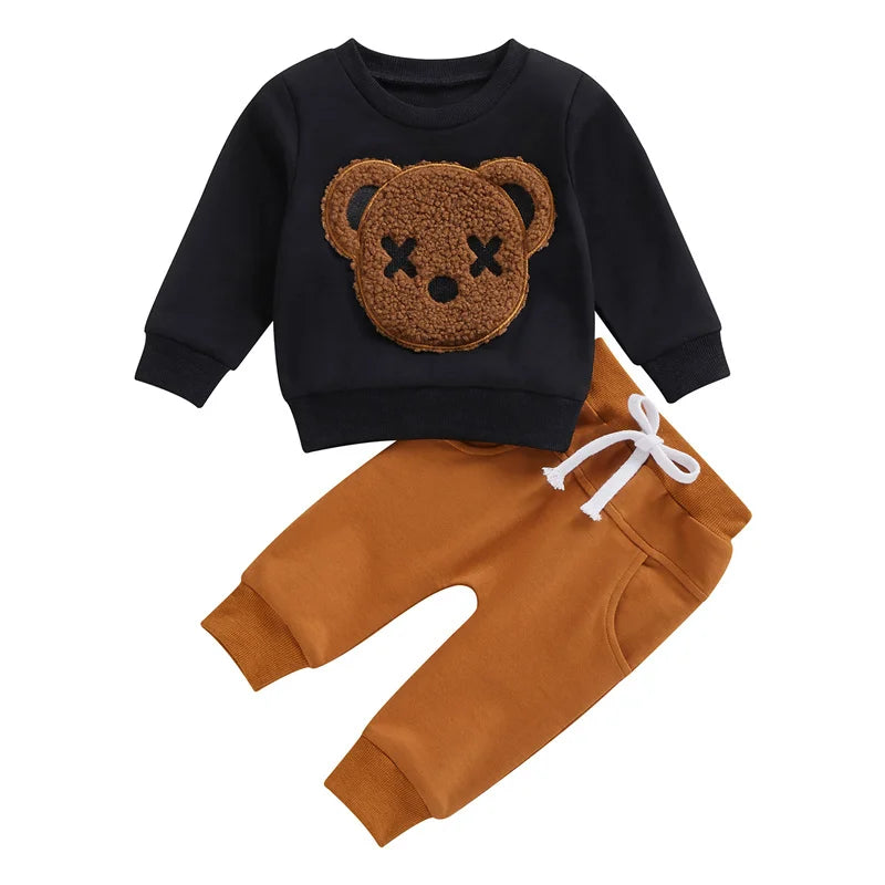 1-5 Years Kid Boys Girls 2Pcs Tracksuit Suits Fall Baby Plush Cartoon Bear Long Sleeves Sweatshirt Top + Elastic Waist Pants