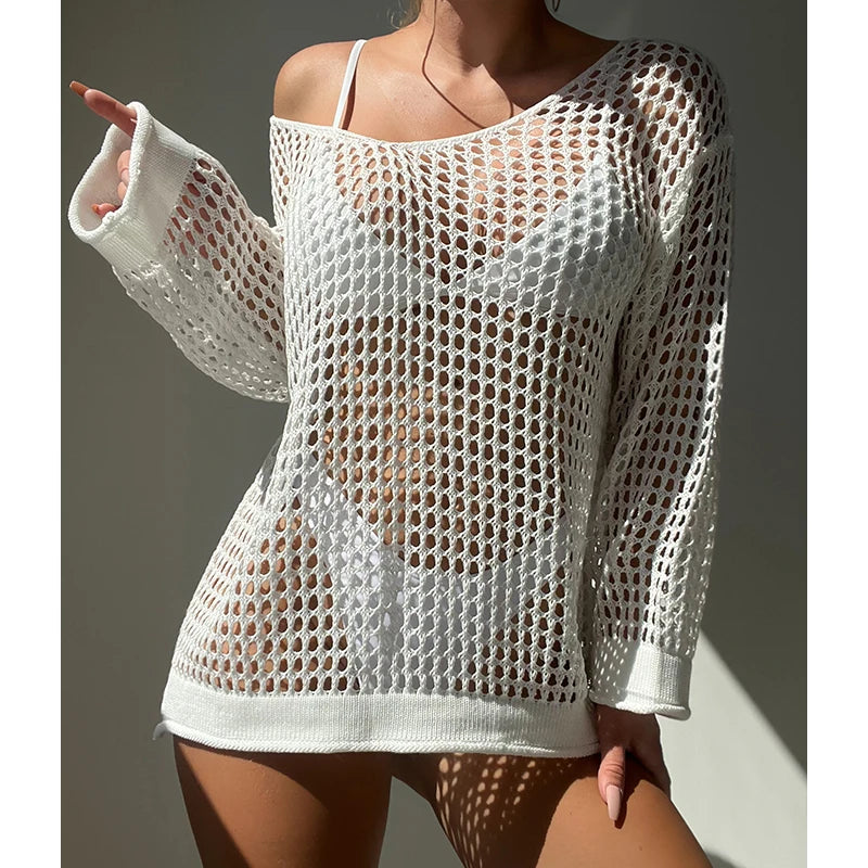 Knitting Loose Swimsuit Cover-Ups Sexy Hollow Out Round Collar Top Women Summer Beach Holiday Fashion Sunscreen Smock Top
