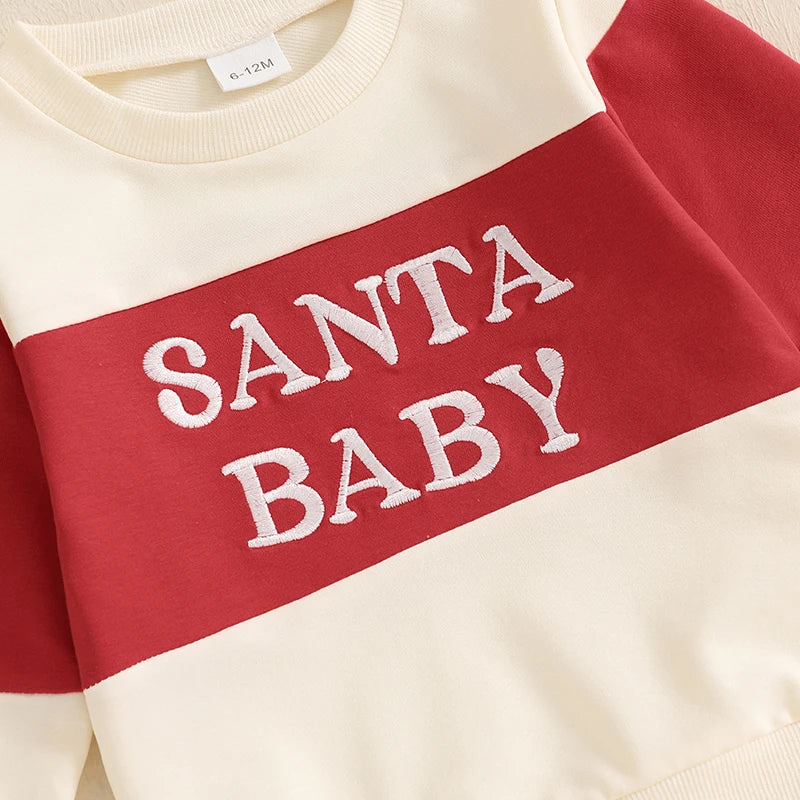 1-4Years Kids Baby Boy Girl Christmas Outfits Letter Embroidery Contrast Color Long Sleeve Sweatshirt+Elastic Pants 2 Piece Set